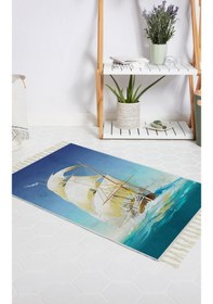 Resim Banyo Halısı Dijital Baskılı Banyo Paspası 50x80 Polyester Kaymaz Tabanlı Duş Paspası Ship Beyaz - Siyah 