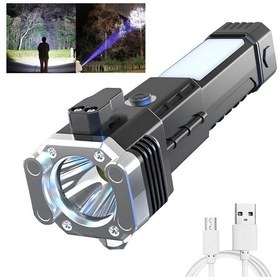 Resim Jeehugo 300-400 Lumens Led/cob El Feneri, 4 Aydınlatma Modu, Ip44 Su Geçirmez, Usb Şarjlı, Emniyet Çekiç Ve Bıçaklı, Manyetik Uç - Siyah Abs+alüminyum 