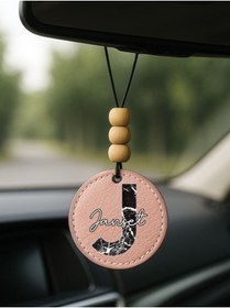 Resim Cekuonline Kişiye Özel İsim Yazılı 1.Sınıf Deri Ahşap Dekorlu Dikiz Aynası Süsü Pudra Pembe - J Harfi 