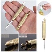 Resim Pirinç Bıçak Çok Fonksiyonlu Şişe Açacağı Taşınabilir Anahtarlık Kolye Keskin Ekspres Kutu Açacağı Açık Bıçak Sarı 