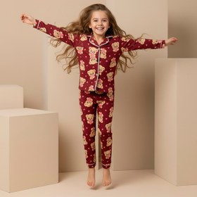 Resim rindahomewear Anne-Kız Ayıcık Desenli Düğmeli Örme Uzun Kollu Pijama Takımı 