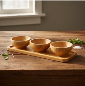 Resim Doğal Bambu Standlı 3'lü Yuvarlak Sosluk Ve Çerezlik Seti 20x6,5 Cm - Kahvaltılık İkramlık Takımı Açik Gri 