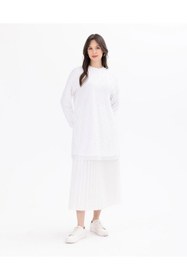 Resim SCL Kadın Oversize Uzun Kol Midi Tunik - Minimalist Tasarım - Beyaz / L 