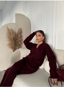 Resim V Yaka 3 Düğmeli Hırka Takım Triko İkili Etekli - Bordo Çok Renkli 