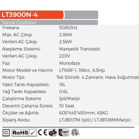 Resim Lutian Ipli 2.8 Kw Benzinli Jeneratör Euro V(5) Motor (LT3900N-4) 