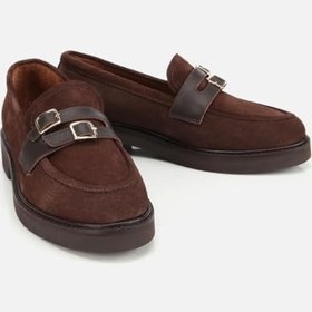 Resim HOTİÇ Kadın Süet Deri Kahverengi Kemer Detaylı Günlük Loafer 