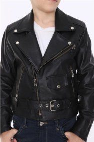 Resim Deriwork Hakiki Deri Siyah Yandan Fermuarlı Kemer Detaylı Erkek Çocuk Deri Mont Siyah 