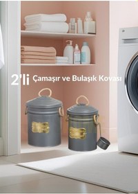 Resim 2'li Set Deterjan Kovası Çamaşır Bulaşık Kutusu Ölçekli Galvaniz Metal Antrasit Antrasit 