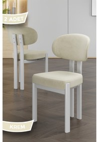 Resim Canisa Dore Serisi 2 Adet Krem Babyface Kumaş Beyaz Metal İskeletli Mutfak Sandalyesi Krem Sandalye Beyaz Ayak 