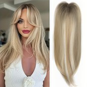 Resim 1 Adet Kadınlar İçin Şık Düz Sentetik Peruk Üstü - 55.88cm Ombre Sarışın Derin Köklü, Yüksek Sıcaklık Lif, Doğal Görünüm, Bakımı Kolay, Tüm Saç Tipleri İçin Uygun, Perçem Dahil 