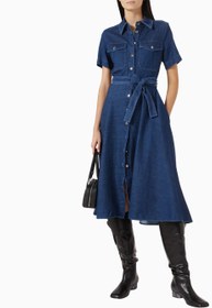 Resim Fagotto Kemerli Denim Gömlek Elbise, Flared Etek ve Feminen Siluet - Açık Lacivert / 48 