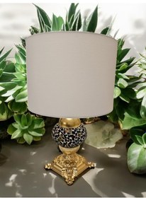 Resim Desenli Abajur Altın Detaylı Abajur - Beyaz Beyaz 