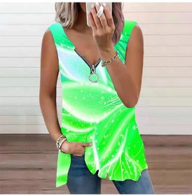 Resim Yeşil Kadın Üst Yaz Yeni Moda Büyük Yapraklar Baskılı Rahat Artı Boyutu Kolsuz Fermuar V Yaka Üst Tank Top Kadınlar İçin Yaz Yeşil 