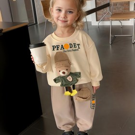 Resim Kızlar için yuvarlak yaka uzun kollu pantolon takımı, sevimli ayı süslemeli, yumuşak ve konforlu, çeşitli açık hava aktiviteleri için uygun, ilkbahar ve sonbahar mevsimi 