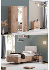 Resim Genç Odası Efes 3 Kapaklı Dolap,bazalı Karyola,şifonyer,komodin Ceviz Krem Ceviz 