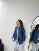 Resim Shevega Kadın Çizgili Mavi Işlemli Boyfriend Kot Ceket Mavi 