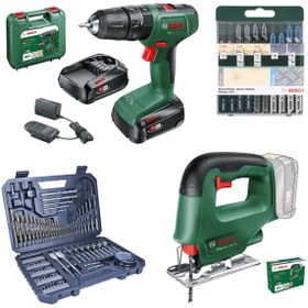 Resim Bosch Easyımpact 18v-40 Akülü Matkap Çift Akü 2AH + Easysaw Dekupaj Testeresi Aküsüz Solo + Karışık Dekupaj Testere Seti 10'lu + V-line 103 Parça Karışık Aksesuar Seti 