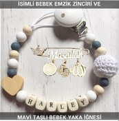 Resim İsimli Bebek Emzik Zinciri ve Beyaz Taşlı Bebek Yaka İğnesi Beyaz 