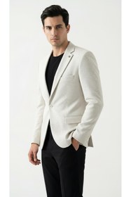 Resim Plus Scorpion Erkek Karyağdı Desenli Slim Fit Blazer Ceket - Siyah & Bej - Şık Günlük ve Ofis Kombin 