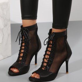Resim Kadınların Şık Siyah Yüksek Topuklu Dans Ayakkabıları - Solunabilir Mesh Üst, Bağcıklı Tasarım, Sivri Uç, Tüm Mevsim Giyim, Sentetik Suni Deri İç ve Taban, Yüksek Topuklu Dans Ayakkabıları | Bağcıklı Topuklar | Sentetik Suni Deri Ayakkabılar 
