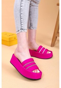 Resim Olga Fuşya Renkli Yüksek Taban Taşlı Detaylı Lüx Terlik-fuşya Fuşya 