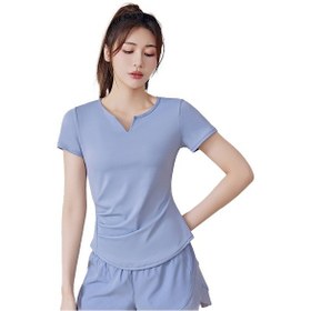 Resim Yazlık Kadın V Yakalı Yoga Spor Fitness Kısa Kollu Esnek Tişört Gri Göl Mavisi 