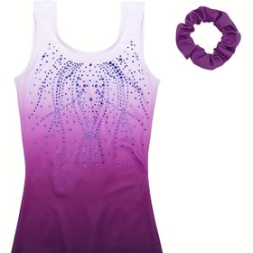 Resim Kızlar için Kolsuz Gradyan Renkli Parlak Taşlı Aplike ve Bandanlı Jimnastik Yeleği İki Parça Set 