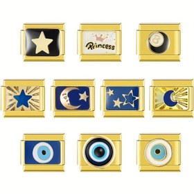 Resim 1 Set Assorted Paslanmaz Çelik Moda Şanslar DIY Takı Yapımı için - Kötü Göz, Ay, Yıldızlar 9mm Bilezikler, Kolyeler, Yüzükler, Ayak Bilezikleri için - Klasik İtalyan Tarzı, Günlük Giyim ve Hediye için Çok Yönlü 