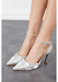 Resim Feles Bilek Şerit Taş Detaylı Topuklu Stiletto Kadın Ayakkabı GÜMÜŞ 