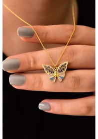 Resim Papatya Silver 925 Ayar Gümüş Altın Kaplama Mineli Gözlü Kelebek Kolye 