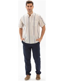 Resim Kısa Kol Şile Bezi Tek Cepli Hakim Yaka Erkek Yazlık Tshirt Ekru Gri Çizgili 3028 Ekru Gri Çizgili Ekru - Gri 