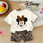 Resim 2 adet Rahat Karikatür Leopar Mickey Baskılı Kısa Kollu Üst ve Şort Takımı, Açık Hava Sporları ve Rahat Giyim için Uygun, Açık Hava için Mükemmel 