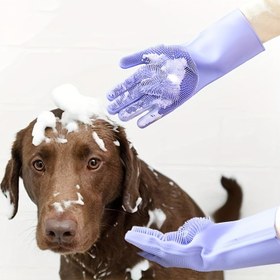 Resim Silikon Köpek Bakım Eldivenleri - Nazik Tüy Alma ve Banyo Eldivenleri Evcil Hayvanlar İçin, Beş Parmak Tasarımı 