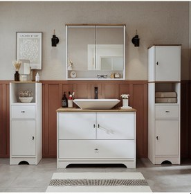 Resim Lavabolu 100Cm Çekmeceli Banyo Dlp + Aynalı Dlp + 2 Adet Boy Dlp Beyaz - Atlantik Çam 