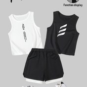 Resim Erkek Çocuklar İçin Yaz Modası 3 Parça Set, Fileli Spor Kıyafeti, Pantolon Cep Havlusu, 2 Atlet ve 1 Şort, Stil Sahibi Fitness Koşu Antrenman Takımı, Açık Hava İçin Mükemmel 