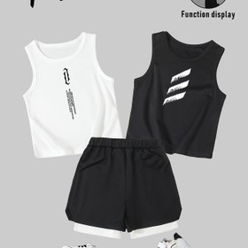 Resim Erkek Çocuklar İçin Yaz Modası 3 Parça Set, Fileli Spor Kıyafeti, Pantolon Cep Havlusu, 2 Atlet ve 1 Şort, Stil Sahibi Fitness Koşu Antrenman Takımı, Açık Hava İçin Mükemmel 