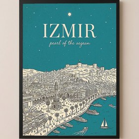 Resim İzmir Line Art Print - Teal Clock Tower Kadifekale Aegean Coast Wall Art - Wooden Frame - Black / 24 x 36" (60x90 cm) 