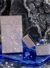 Resim NESGIFT Gümüş Taşlı Slim (İNCE) Uzun Sigara Kutusu Ve Zippo Çakmak Seti 