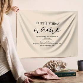 Resim 1 adet Kişiselleştirilmiş Mutlu Yıllar Afişi - Özel İsim & Tarih Polyester Kumaş Dekorasyon, Bohem Minimalist Estetik İç/Dış Mekan Parti Süslemeleri için Doğum Günleri, Düğünler, Bar Mitzvahlar, Noel, Şükran Günü, Dört Mevsim Etkinlikleri, İlham Verici Metin Tasarımı, Nötr Renk Şeması 