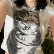 Resim Y2K Retro Sokak Stili Kırpılmış Tişört - Mozaik Kedi Baskılı, Kadınlar İçin Dar Kesim Kısa Kollu Yuvarlak Yaka Yazlık Üst, Makinede Yıkanabilir, Harajuku Tarzı, Şeffaf Olmayan Kumaş, Günlük Giyim, Nefes Alabilen Fitted Tişört, Moda Tutkunları 