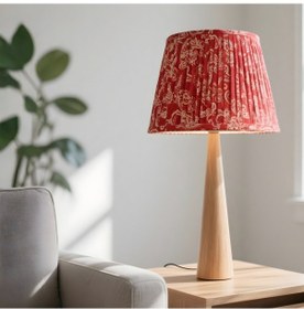 Resim Lennox Ahşap Gövde Pileli Kırmızı Başlık Dekoratif Abajur Ahşap - Kahverengi 