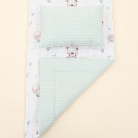 Resim Alt Açma Matı ve Yastık - Çift Taraflı - Dijital Baskı Muslin - Turkuaz Örgü - Sevimli Ayıcıklar 