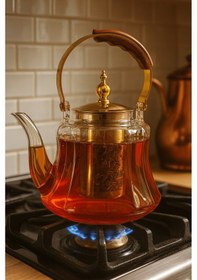 Resim Ahşap Saplı Isıya Dayanıklı Borosilikat Amber Cam Demlik 1200 Ml Süzgeçli Cam Demlik Amber 