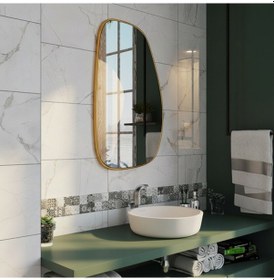 Resim 40x64 Cm Modern Organik Form Banyo Aynası Altın Çerçeveli Asimetrik Duvar Aynası Minimalist Şık Dekor Ayna Altın 