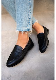 Resim Desna Siyah Deri Düz Taban Ayakkabı Siyah 