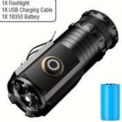 Resim 3*P35 LED yüksek parlaklıkta güçlü el feneri, USB şarj edilebilir, taktiksel el fenerinin 5 modu, alüminyum alaşımlı mini taşınabilir, balıkçılık, avcılık, kamp ve açık hava kullanımı için uygun 18350 pil 