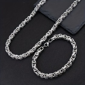 Resim 2 Adet Paslanmaz Çelik Viking Kolye & Bilezik Seti - Erkeklere Yönelik Gümüş Tonlu Moda Takı, İskandinav Tanrılarından İlham Alınmış 