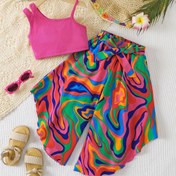 Resim 2 adet Kız Uzun Pantolon Seti Moda Omuzdan Askılı Kabartmalı Dar Kesim Kolsuz T-Shirt + Moda - Baskılı Akıllı Geometrik - Esnek Asimetrik Geniş Bacaklı Pantolon İki Parça Set Rahat - Yumuşak - Konforlu Kız Dış Giyim Kıyafetleri Festival Karnaval Partisi Hediyesi Kemer ile, Açık Hava için 