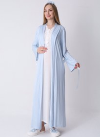 Resim Hamile Gecelik ve Sabahlık - Lohusa Gecelik Seti, Çizgili Sabahlıklı Dantelli Kısa Kol Pamuklu - 2317 - Mavi / XXL / Terlik ve Taç Seti İstiyorum +300₺ 