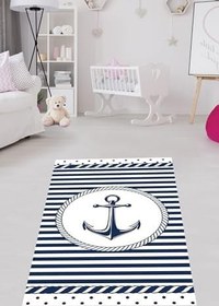 Resim Pelangi Çapa Gemici Denizci Desenli Dijital Baskı Yıkanabilir Kaymaz Taban Mavi Erkek Çocuk Odası Halısı, Mavi 60 x 200 